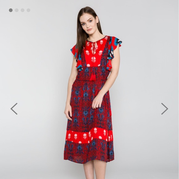 Desigual Boho Midi Dress Sigrid Red Blue Size 10 - Picture 4 of 6